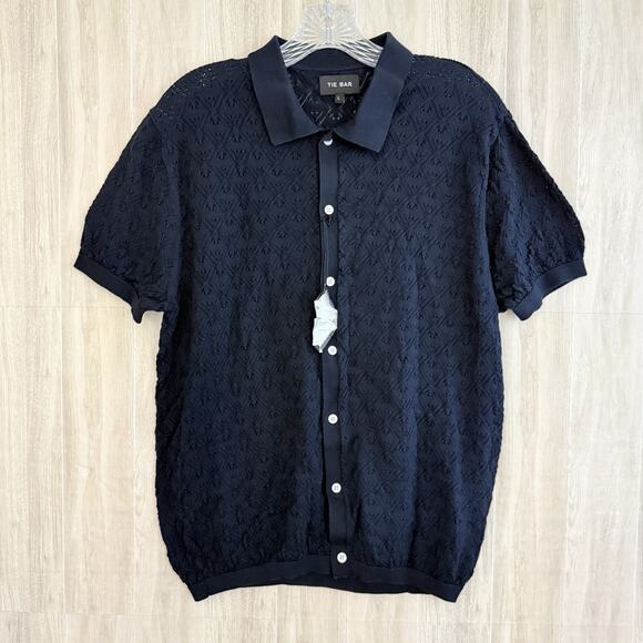 The Tie Bar Polo Shirt Men’s Sz Large Full Placket Pointelle Navy Cotton Preppy - Picture 1 of 9